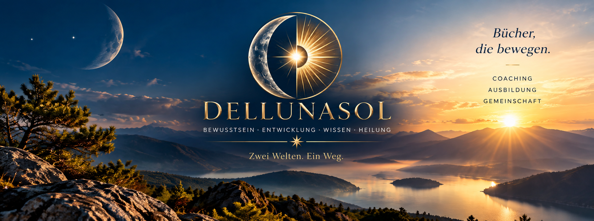 DELLUNASOL Logo mit Berglandschaft bei Sonnenaufgang, Mond und Sonne über einem See